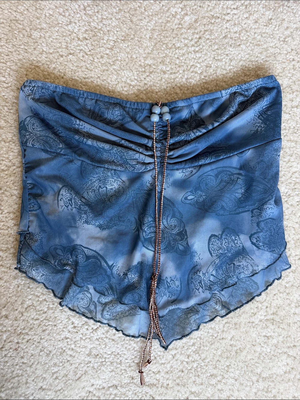 ROMWE Blue Paisley Satin Bandeau Top with Bead Tie